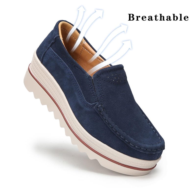 Ruiatoo Women Platform Slip On Loafers Comfort Suede Wedge Shoes Low Top Moccasins,Deep Blue,Size 9 - Image 3